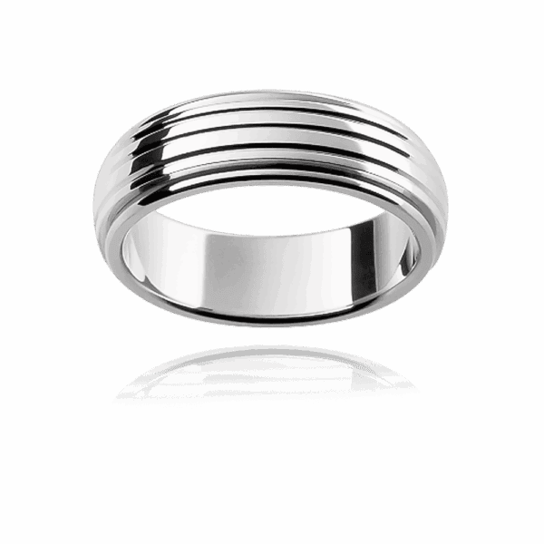 F6M 6Mm White Gold Semi Rounded Band Horizontal Grooves Centre Overlay Wedding Rings For Men