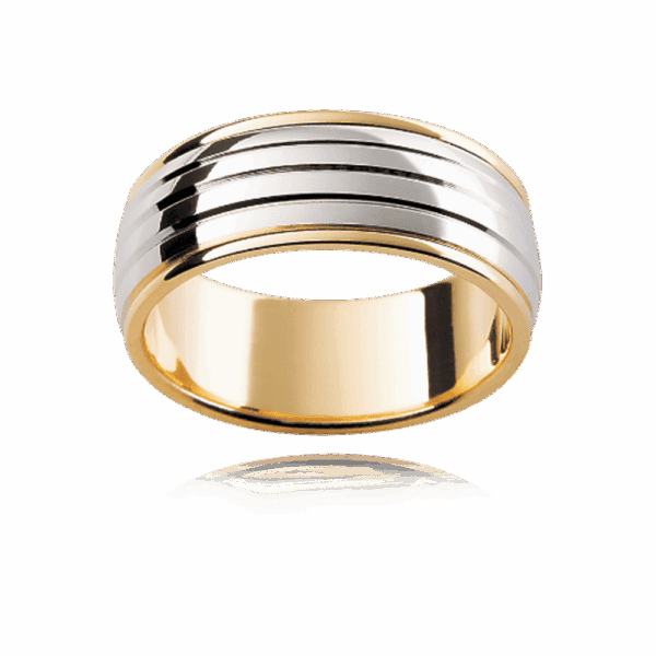 F6M 8Mm 18K Semi Rounded Two Tone Band Horizontal Grooves Centre Overlay Wedding Rings For Men