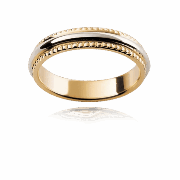 F81M 4Mm 18K Gold Rounded Band Centre Beaded Trim Ornamental Edge Mens Wedding Band