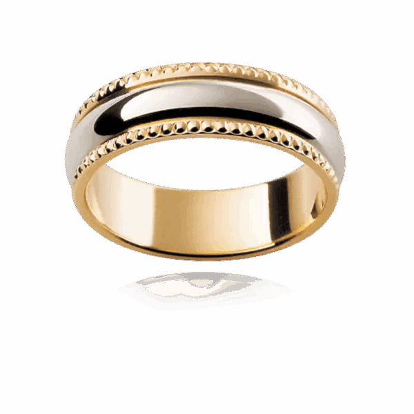F81M 6Mm 18K Gold Rounded Band Centre Beaded Trim Ornamental Edge Mens Wedding Band