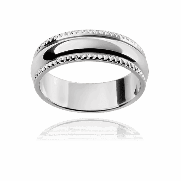 F81M 6Mm White Gold Rounded Band Centre Beaded Trim Ornamental Edge Mens Wedding Band