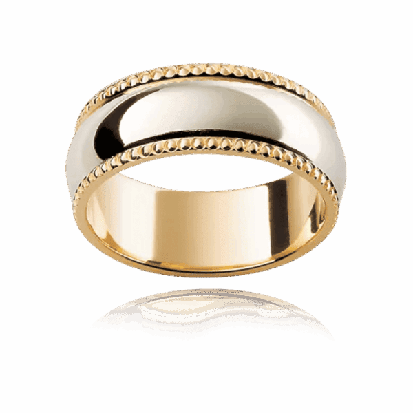 F81M 8Mm 18K Gold Rounded Band Centre Beaded Trim Ornamental Edge Mens Wedding Band