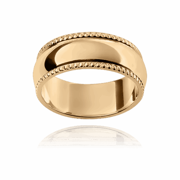F81M 8mm 18k gold rounded band centre beaded trim ornamental edge mens wedding band