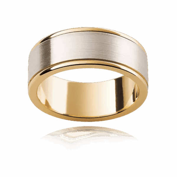 Model wears F96 6mm two tone 18k gold flat with seamless rims mens wedding band
