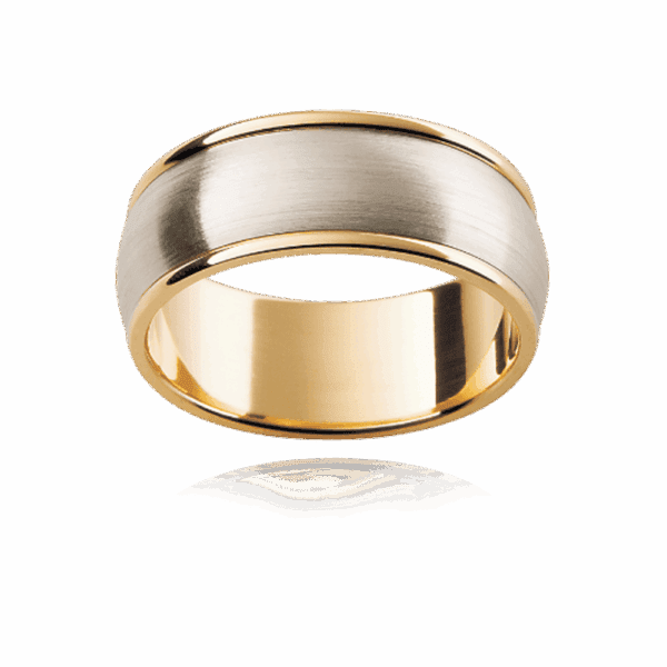 Model wears F99 7mm 18k gold two tone rounded band smooth edges wedding rings for men