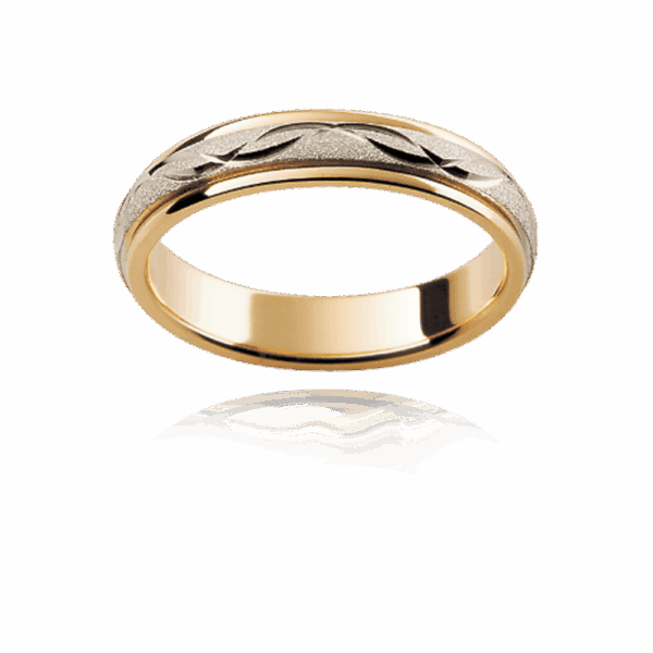 F9M 4Mm 18K Gold Two Tone Patterned Overlapping Wave Motif Diamond Wheel Centre Mens Gold Ring
