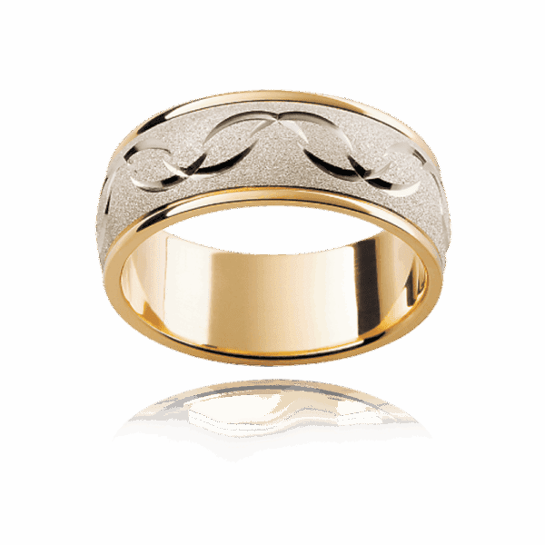 F9M 8Mm 18K Gold Two Tone Patterned Overlapping Wave Motif Diamond Wheel Centre Mens Gold Ring