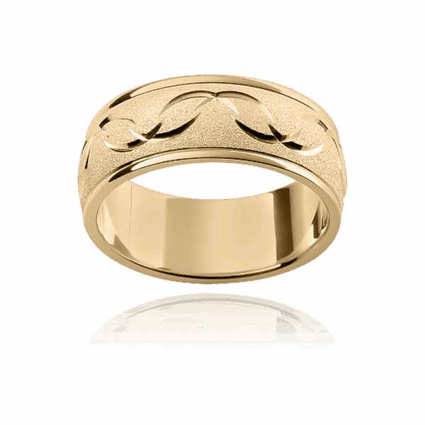 F9M 8mm 18k gold two tone patterned overlapping wave motif diamond wheel centre mens gold ring
