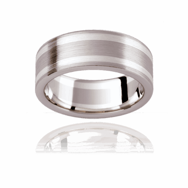 Model wears G103 8 5mm 9k 18k white gold combination flat profile mens wedding ring