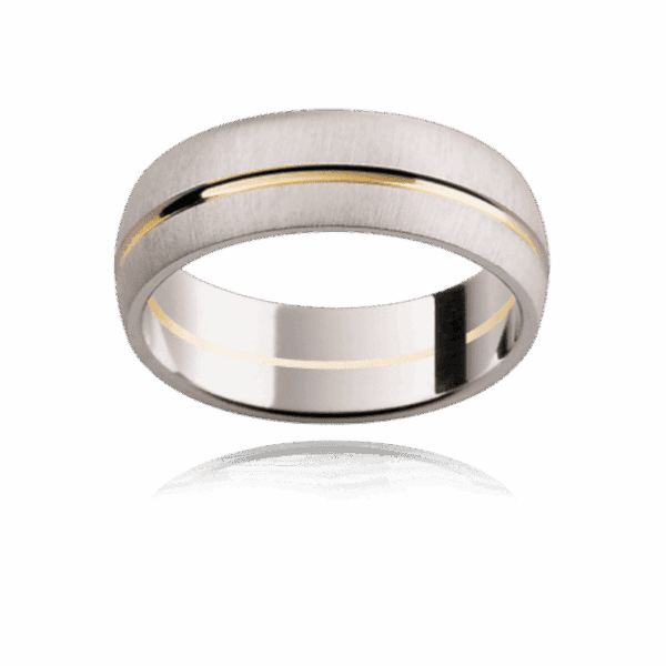 Model wears G64M 7mm yellow gold semi rounded band polished offset groove mens wedding band