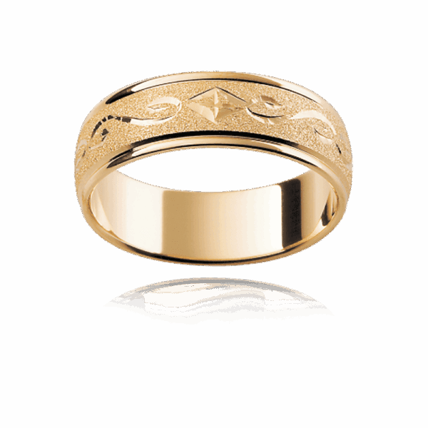 H3 6Mm Yellow Gold Hand Engraved With Polished Edges Engraved Mens Gold Ring