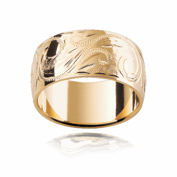 Model wears H4 9mm white gold polished with hand engraved pattern mens gold ring
