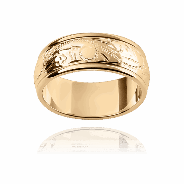 H5 8mm two tone yellow gold refined edges polished centre hand engraved wedding bands for men