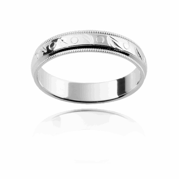 H6 4mm yellow gold engraved band with milgrain edge and polished centre mens wedding ring