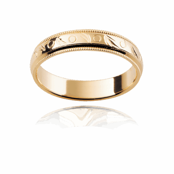 H6 4Mm Yellow Gold Engraved Band With Milgrain Edge And Polished Centre Mens Wedding Ring