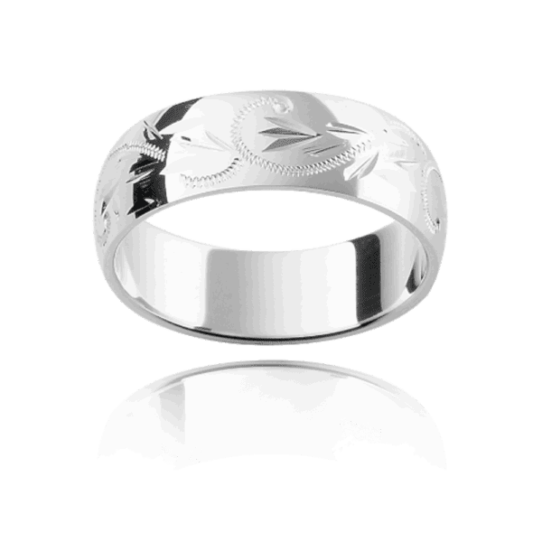 H7 6mm yellow gold semi rounded mens wedding band with hand engraved pattern