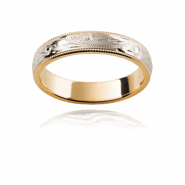 H8 4Mm Premium Two Tone Ring With Milgrain Edge And Hand Engraved Centre Wedding Bands For Men