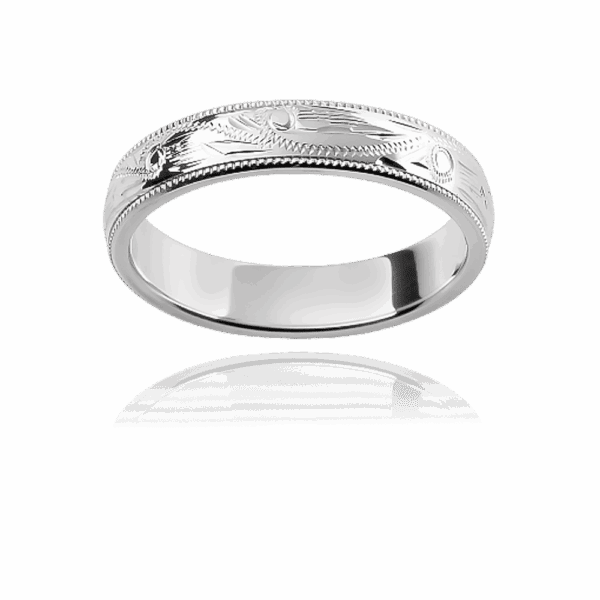 H8 4Mm Premium White Gold Ring With Milgrain Edge And Hand Engraved Centre Wedding Bands For Men