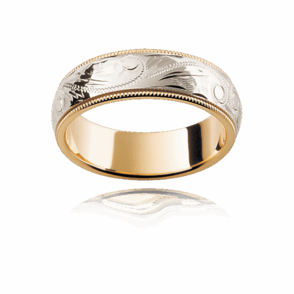 Model wears H8 6mm premium white gold ring with milgrain edge and hand engraved centre wedding bands for men