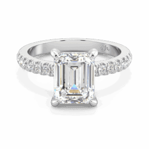 Janet Emerald 9X7 Front White Gold Moissanite 4 Prong Basket Setting Half Band Engagement Ring