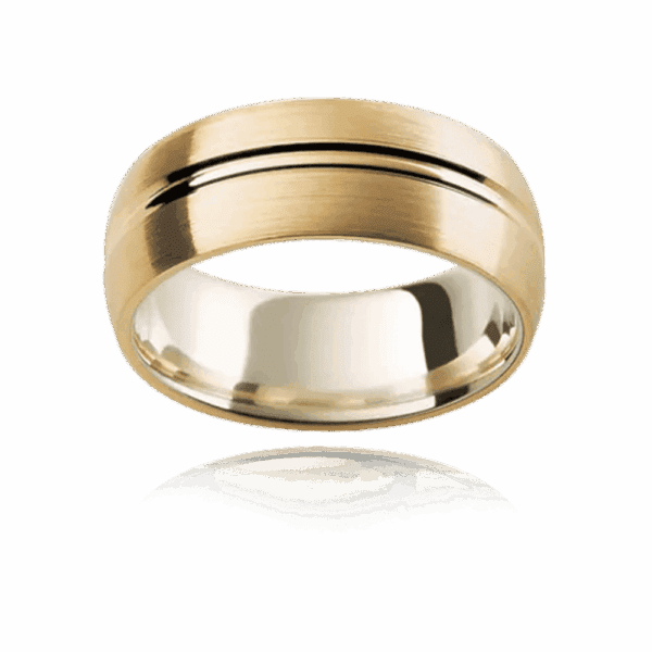 Kc3 8Mm Two Tone Semi Rounded With Double Polished Grooved Centreline And Comfort Fit Mens Wedding Ring