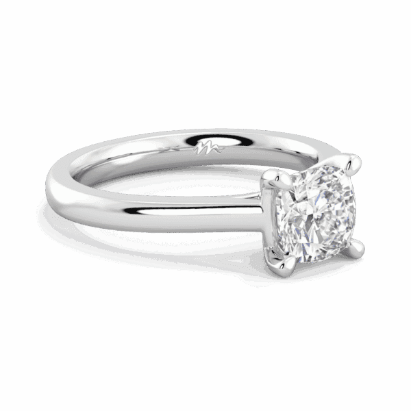 Lydia Cushion 6 5 Angled White Gold Moissanite 4 Prong V Setting Tapered Band Solitaire Ring