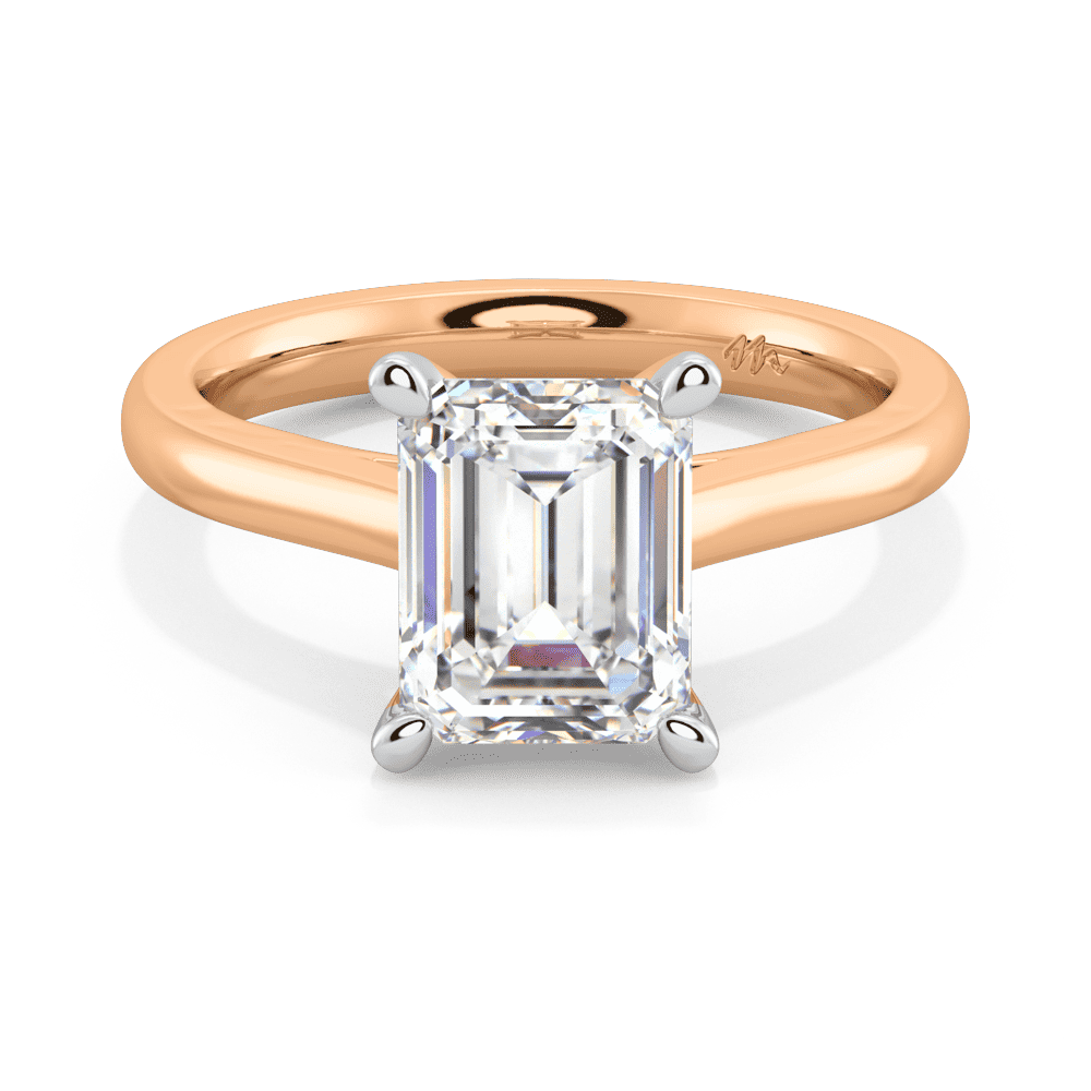 Lydia Emerald 8X6 Front Rose Gold Moissanite 4 Prong V Setting Tapered Band Solitaire Ring