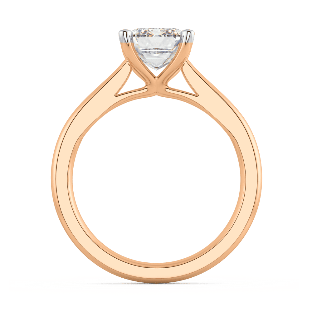 Lydia Emerald 8X6 Side Rose Gold Diamond 4 Prong V Setting Tapered Band Solitaire Ring