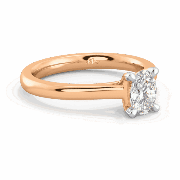 Lydia Oval 7X5 Angled Rose Gold Moissanite 4 Prong V Setting Tapered Band Solitaire Ring
