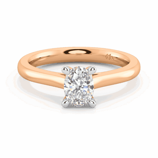 Lydia Oval 7X5 Front Rose Gold Moissanite 4 Prong V Setting Tapered Band Solitaire Ring