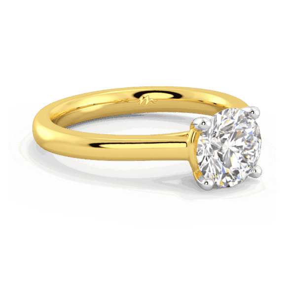 Lydia Round 7 5 Angled Yellow Gold Moissanite 4 Prong V Setting Tapered Band Solitaire Ring