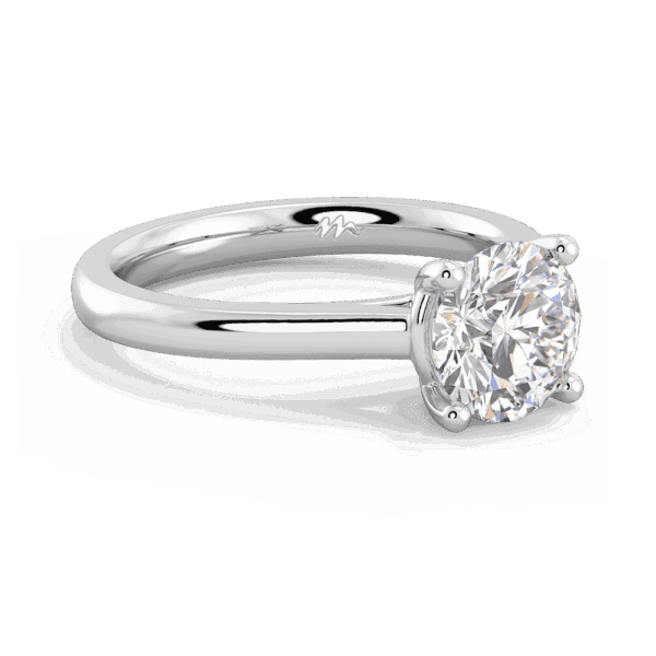 Lydia Round 8 0 Angled White Gold Moissanite 4 Prong V Setting Tapered Band Solitaire Ring