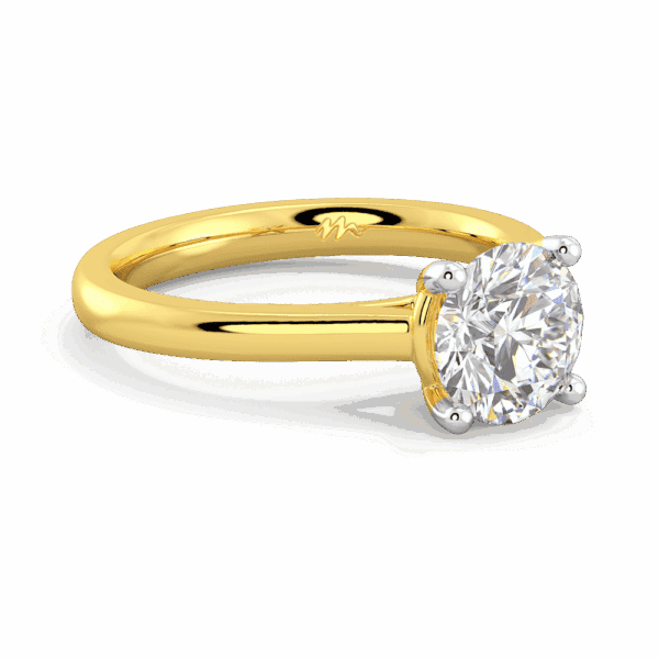 Lydia Round 8 0 Angled Yellow Gold Moissanite 4 Prong V Setting Tapered Band Solitaire Ring