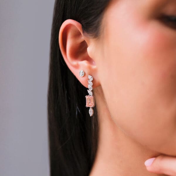Model Wears Amara Emerald Pink Lab Grown Diamond Pear Marquise White Gold Drop Earrings