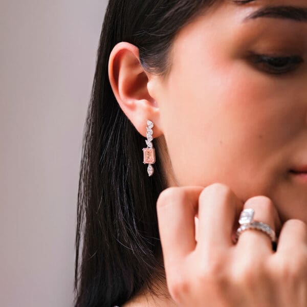 Model Wears Amara White Gold Emerald Pink Pear Marquise Lab Grown Diamond Drop Earrings