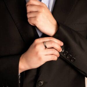 Model wears FB 5mm white gold flat profile bevelled edges wedding bands for men (2)