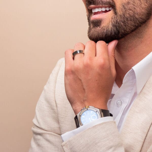 Model Wears Flat 6Mm White Gold Flat Profile Flat Edges Mens Wedding Band