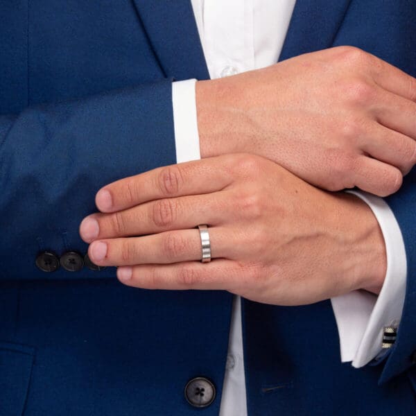 Model Wears Flec 6Mm White Gold Emery Plain Flat Rounded Edges Mens Wedding Ring