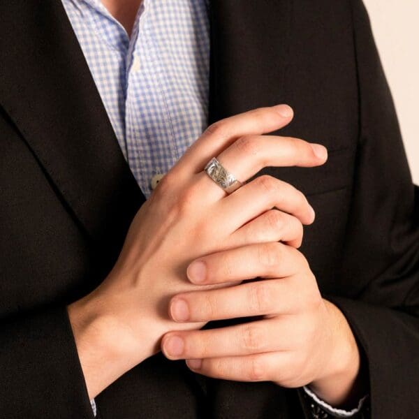 Model Wears H4 9Mm White Gold Polished With Hand Engraved Pattern Mens Gold Ring