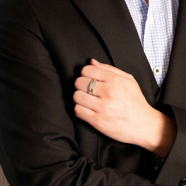 Model Wears H8 6Mm Premium White Gold Ring With Milgrain Edge And Hand Engraved Centre Wedding Bands For Men