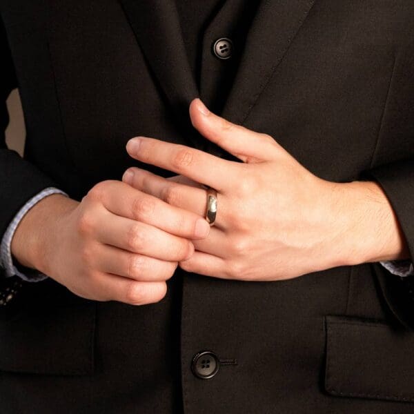 Model Wears Hhr 6Mm White Gold Plain Half Round Mens Engagement Ring