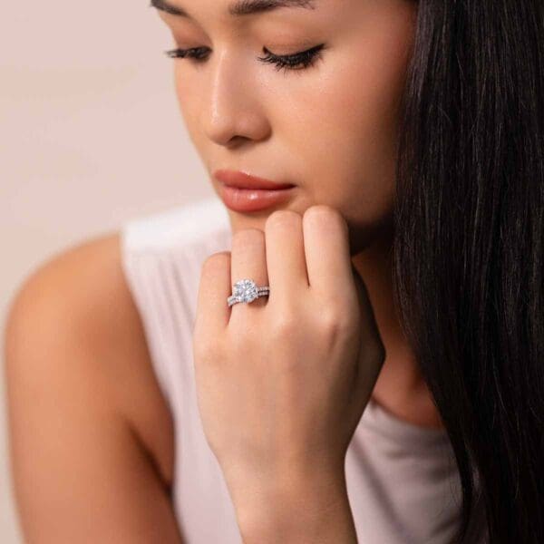 Model Wears Harmony Round 10 0 Diamond Accented Under Rail Bridge Ring With Angelica 1 5 White Gold Band