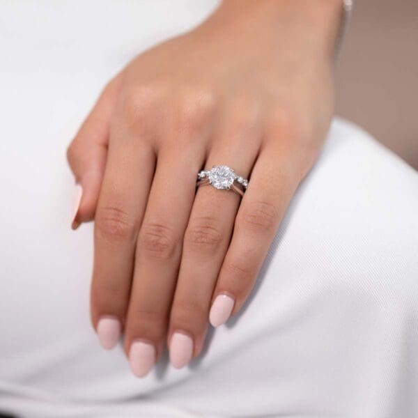 Model Wears Hattie Round 10 0 Diamond Accents Under Rail Bridge Tapered Ring With Gracie 2 5 White Gold Scalloped Band