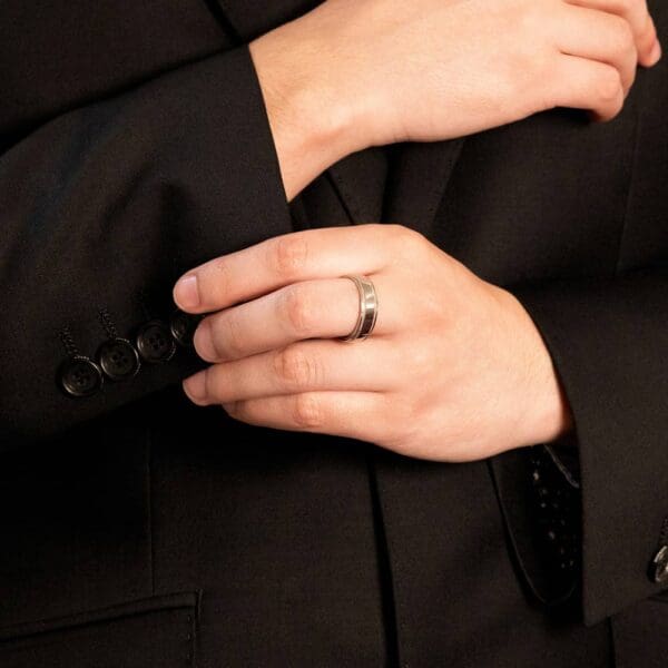 Model Wears P2 6Mm White Gold Textured Milgrain Trim Patterned Mens Wedding Band