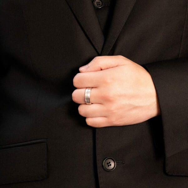 Model Wears P286 8Mm White Gold Thick Semi Rounded With Grooved Edges Mens Wedding Band