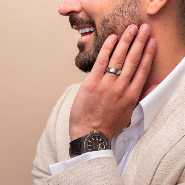Model Wears P315 7Mm White Gold Low Half Rounded Edge Sections Divided By Cut Out Groove Mens Wedding Ring