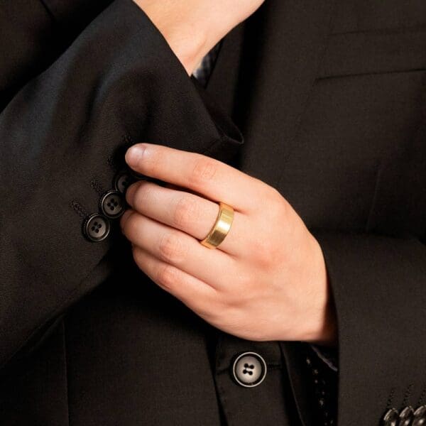 Model Wears Pj498 8Mm Yellow Gold Flat Band With Rounded Beveled Edges Wedding Rings For Men