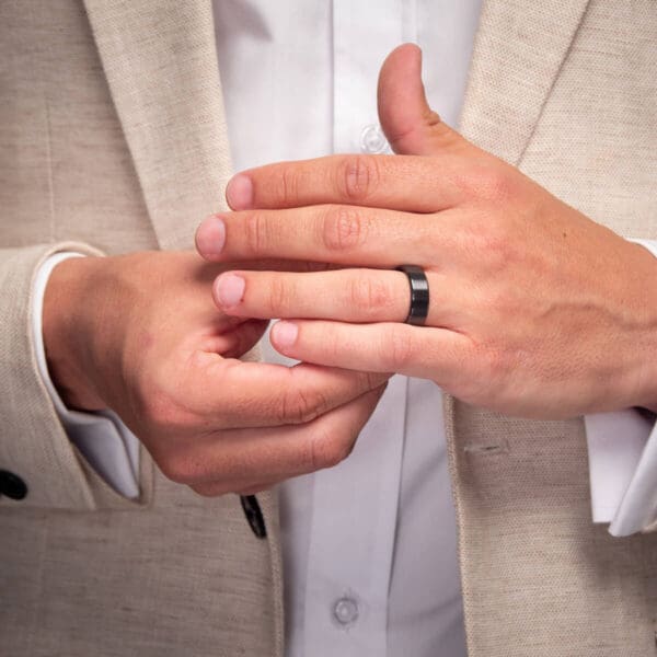 Model Wears Zrfrc Blk 6Mm Hypoallergenic Black Zirconium Plain Minimal Curve Flat Edges Mens Engagement Ring