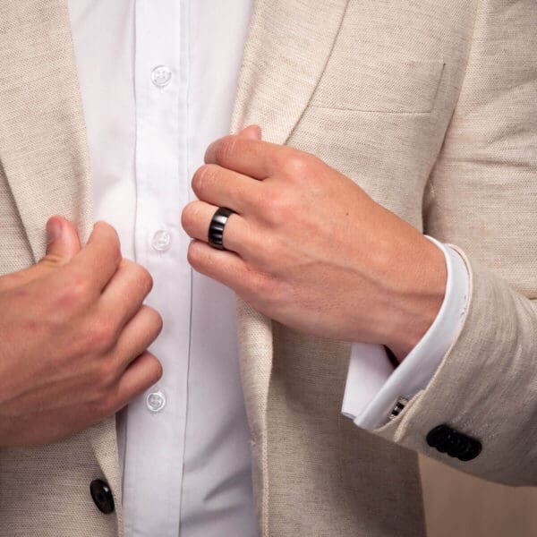 Model Wears Zrhr 8Mm Hypoallergenic Black Zirconium Plain Half Rounded Wedding Bands For Men