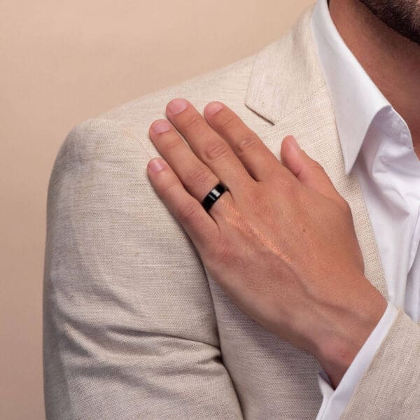 Model Wears Zrpj498 7Mm Hypoallergenic Black Zirconium Flat Band With Rounded Beveled Edges Wedding Rings For Men